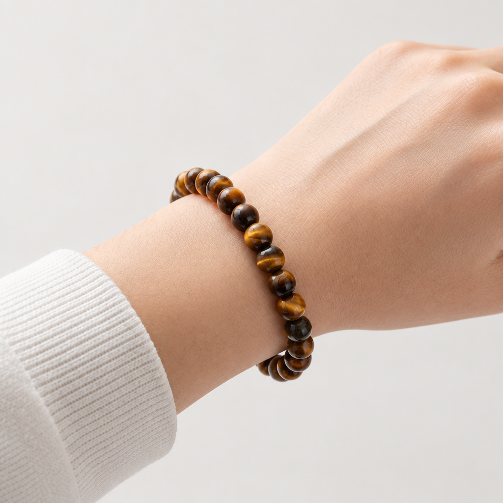 6 mm tiger’s eye bracelet worn on the wrist
